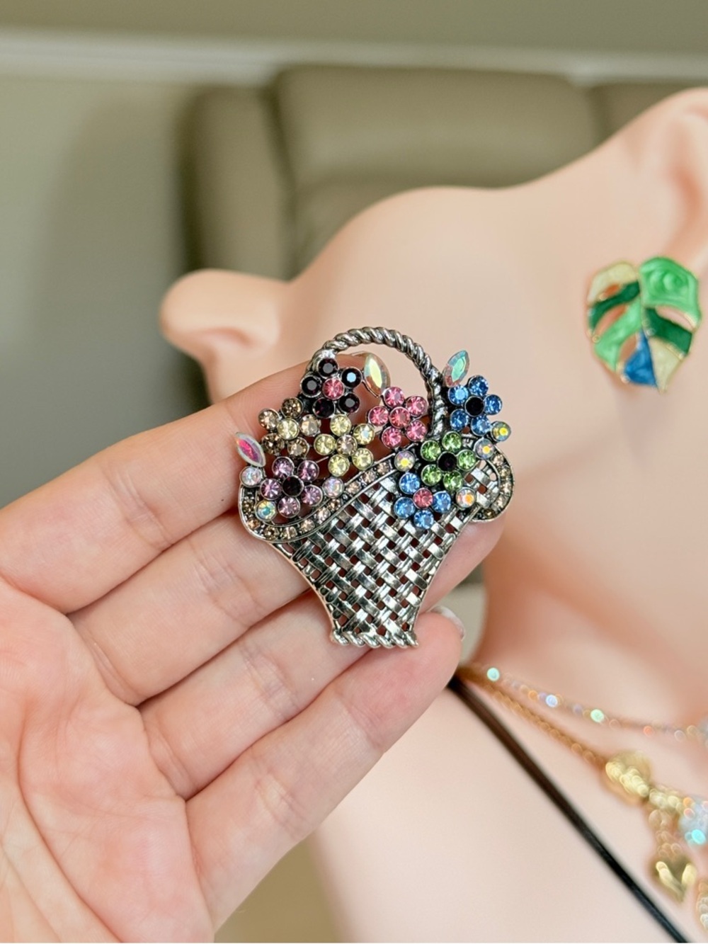 Multicolor Crystal Flower Basket Brooch